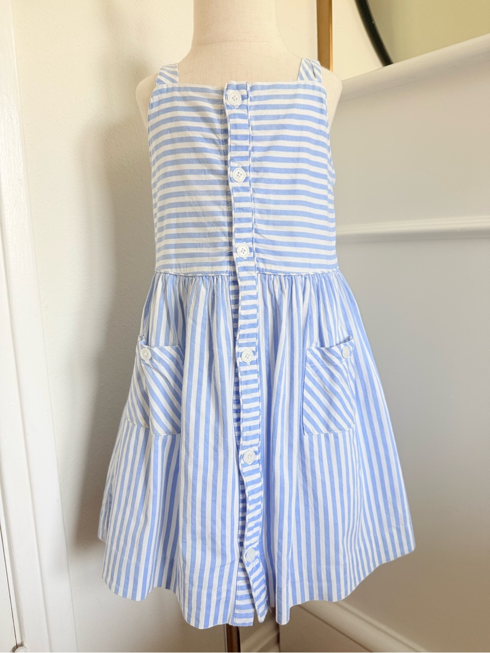 Rachel Riley Girls 4Y Blue White Stripe Dress Button Front Pocket Summer Dress